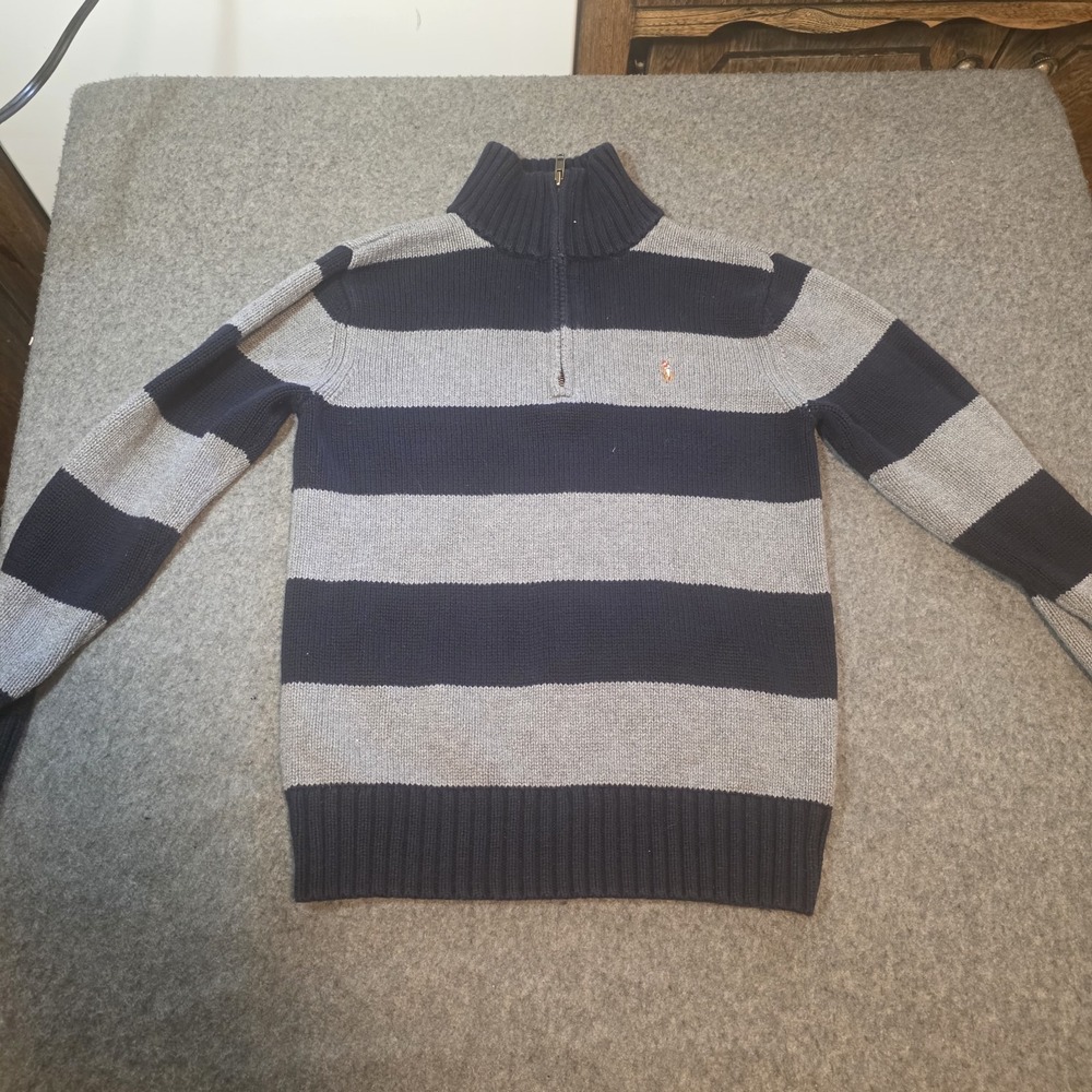 Polo by Ralph Lauren Boys Navy Gray Striped ¼ Zip Sweater in size Medium H2